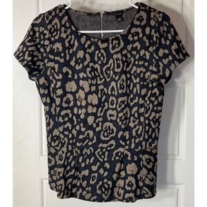 Ann Taylor Navy & Tan Short Sleeve Peplum 3/4 Back Zipper Top S